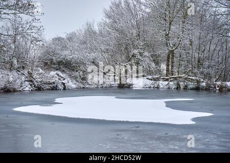 Wunderschöne Winterlandschaft, gefrorener See mit Schnee bedeckt Stockfoto