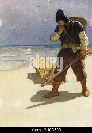 Die Bildunterschrift von NC Wyeth, die die Geschichte von Robinson Crusoe von Daniel Defoe begleitet, lautet: „Ich stand wie ein Gewitter oder als hätte ich eine Erscheinung gesehen.“ Robinson Crusoe ist ein Roman des englischen Schriftstellers Daniel Defoe, der 1719 veröffentlicht wurde. Die fiktive Autobiographie erzählt die Geschichte eines englischen Schiffbrüchiger namens Robinson Crusoe (hier am Strand mit Regenschirm), der 28 Jahre auf einer abgelegenen tropischen Insel in der Nähe von Venezuela verbracht hat, bevor er gerettet wurde. Newell Convers Wyeth, bekannt als N. C. Wyeth, war ein amerikanischer Künstler und Illustrator. Er war der Schüler des Künstlers wie Stockfoto