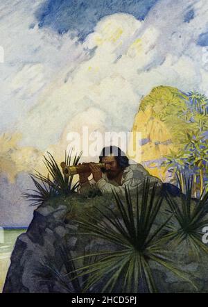 Die Bildunterschrift von NC Wyeth, die die Geschichte von Robinson Crusoe von Daniel Defoe begleitet, lautet: „Ich legte mich flach auf meinen Bauch auf den Boden und begann, nach dem Ort zu suchen.“ Robinson Crusoe ist ein Roman des englischen Schriftstellers Daniel Defoe, der 1719 veröffentlicht wurde. Die fiktive Autobiographie erzählt die Geschichte eines englischen Schiffbrüchiger namens Robinson Crusoe (hier auf einer Klippe mit Spyglass gesehen), der 28 Jahre auf einer abgelegenen tropischen Insel in der Nähe von Venezuela verbracht hat, bevor er gerettet wurde. Newell Convers Wyeth, bekannt als N. C. Wyeth, war ein amerikanischer Künstler und Illustrator. Er war der Schüler von Stockfoto