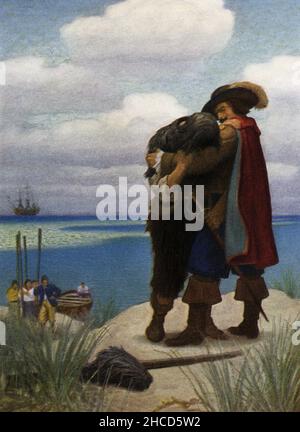 Die Bildunterschrift von NC Wyeth, die die Geschichte von Robinson Crusoe von Daniel Defoe begleitet, lautet: „ Ich konnte ihm zunächst seit einiger Zeit kein Wort antworten; Aber da er mich in seine Arme genommen hatte, hielt ich mich an ihm fest, sonst hätte ich zu Boden fallen sollen.“ Robinson Crusoe ist ein Roman des englischen Schriftstellers Daniel Defoe, der 1719 veröffentlicht wurde. Diese fiktive Autobiographie erzählt die Geschichte eines englischen Schiffbrüchiger namens Robinson Crusoe (hier zu sehen, wie er gerettet wurde), der 28 Jahre auf einer abgelegenen tropischen Insel in der Nähe von Venezuela verbracht hat, bevor er gerettet wurde. Newell Convers Wyeth, bekannt als N Stockfoto