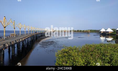 Holzbrücke im Mangrovenwald Touristenort mit wunderschönem Strand und schönem weißen Glamping Gebäude Stockfoto