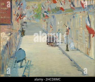 Die Rue Mosnier mit Flaggen von Édouard Manet. Das Gemälde zeigt die Rue Mosnier, heute die Rue de Berne, die von Manets Atelier in der Rue de Saint-Pétersbourg 4 überblickt wird, die mit französischen Flaggen für den ersten Nationalfeiertag am 30. Juni 1878, die Fête de la Paix, geschmückt ist Stockfoto