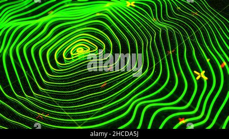 Konzentrische grüne Ringe, die sich auf dem schwarzen Bildschirmhintergrund bewegen. Abstraktes Radar- oder Sonarprogramm, wellige Neontextur, nahtlose Schleife. Stockfoto