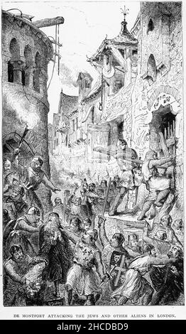 Stich von Simon de Montfort, der 1231 die Juden aus Leicester, England, vertrieben hat. Seine Eltern hatten in Frankreich, wo sein Vater für sein bigottes Christentum bekannt war, eine ähnliche Judenfeindlichkeit gezeigt, und seine Mutter hatte den Juden von Toulouse die Wahl zwischen Bekehrung, Vertreibung oder Tod gegeben. Stockfoto