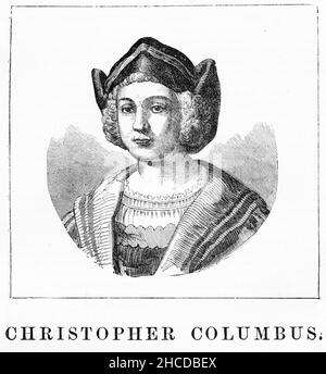 Stich eines jungen Christoph Kolumbus ( 1451 - 1506), italienischer Entdecker und Seefahrer, der vier Reisen über den Atlantischen Ozean absolvierte und damit den Weg für die weit verbreitete europäische Erkundung und Kolonisierung Amerikas öffnete. Stockfoto
