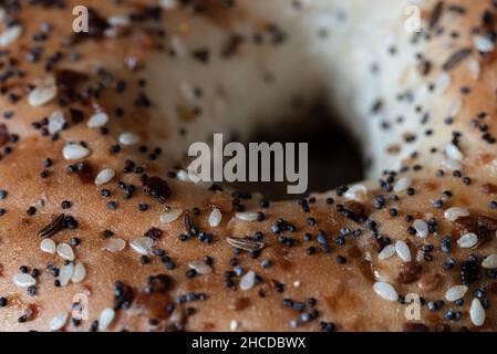 Nahaufnahme eines Everything Bagels mit Mohn, Sesam und Knoblauch Stockfoto