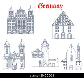 Architektur in Deutschland, Nürnberg und Augsburg, Vektorreisen Wahrzeichen Bayerns. St. Egidienkirche Nürnberg, Rathaus Augsburg, Stock Vektor