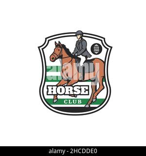 Pferd und Jockey Symbol, Vektor-Emblem für Pferderennen oder Ausritte. Reitunterricht oder Teilnahme an einem Wettbewerb auf Hippodrom, Hengstrennen Stock Vektor