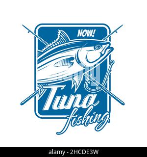 Vektor-Symbol für den Thunfischfang mit gekreuzten Ruten, Fisch und Haken. Isoliertes blaues Symbol des Fischerklubs oder des Angelsportwettbewerbs mit Atlanti Stock Vektor