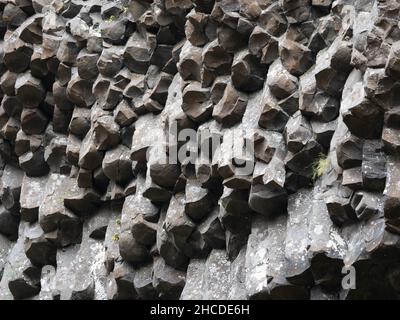 Nahaufnahme des schwarz-grauen Säulen-Basalts bei Latourell Falls im Guy W. Talbot State Park in der Columbia River Gorge in Oregon. Stockfoto