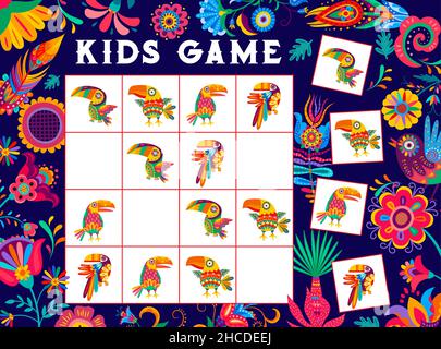 Kinder Sudoku Spiel Arbeitsblatt. Mexikanische Tukan Vögel, Federn und Blumen, Vektor-puzzle. Kinder Tisch Sudoku Rätsel oder Brettspiel mit mexikanischen Vögeln, c Stock Vektor
