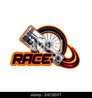 Racing Icon Rad und Kolben, Vektor-Emblem für Autorennen isoliert auf weißem Hintergrund. Auto Motorsport und Street Racing Club Label, Motorventil und Stock Vektor