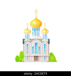 Orthodoxe Kirche, Tempel oder Kathedrale Gebäude Ikone. Vektor Christentum Religion und religiöse Architektur Design. Kirchengebäude mit Goldzwiebeln tun Stock Vektor