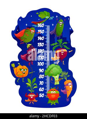 Happy Vegetables Superhero, Kinder Höhendiagramm oder Wachstum Maß Meter Lineal mit Cartoon Superhero oder Verteidiger Gemüse, Spinat und Karotte, Brokkol Stock Vektor