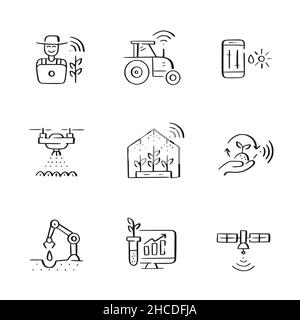 Symbole für Smart Farming eingestellt. Landwirt nutzt das Internet der Dinge, Drohnen und Roboter für die präzise Landwirtschaft. Doodle-Symbole Stock Vektor