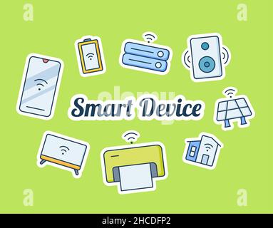 Smart Device iot Internet of Things Konzept mit einigen Icon Aufkleber Verbreitung mit modernen flachen Stil Vektor-Illustration Stockfoto