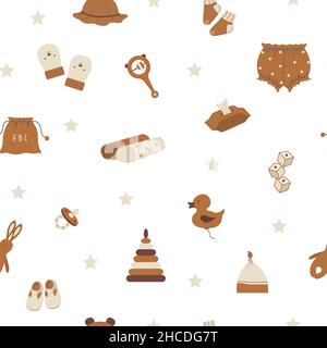 Nahtloses Muster mit Boho Baby-Objekten. Vintage Holzspielzeug für Kinder. Handgezeichnete Elemente für Kindertextilien, Geschenkpapier, Postkarten. Vektor Stock Vektor
