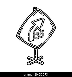 Kurve mit Geschwindigkeit als Hinweis Teil der Warnung Gelbes Straßenschild Handgezeichnetes Symbol Vektor setzen. Stock Vektor