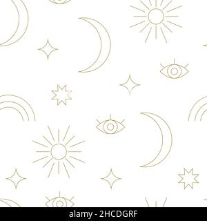 Nahtloses Muster im Boho-Stil. Böhmischer Hintergrund mit Linienmond, Stern, Regenbogen, Auge. Abstrakter geometrischer, linearer Druck in Retro-Mode. Vector Boho Patter Stock Vektor