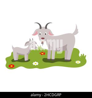 Cute Cartoon Illustration von Mama und Kindern, Bauernhof Tier Ziege und Kind. Vektor auf weißem Hintergrund isoliert Stock Vektor