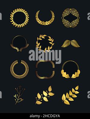 Set aus zwölf goldenen Lorbeerkränzen Stock Vektor