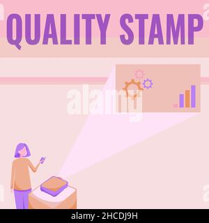 Inspiration mit Zeichen Qualitätsstempel. Geschäftskonzept Gütesiegel guter Eindruck qualifiziert Bestanden Inspection Lady Standing Holding Projektor Stockfoto