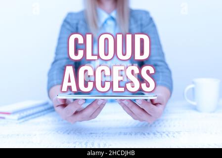 Konzeptionelle Darstellung Cloud Access. Business Showcase Software-Tool zwischen der Organisation und dem Anbieter Tech Guru Verkauf neu entwickelter Geräte Stockfoto