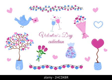 Valentinstag Satz von Designelementen isoliert. Vector Sammlung von rosa und blauen Liebe Cliparts auf weißem Hintergrund. Valentine flache Herzen, Blumen, Stock Vektor