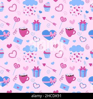 Valentinstag-Muster. Vektor nahtlose rosa Hintergrund mit niedlichen Valentines flache Herzen, Umschlag, Süßigkeiten Elemente. Stock Vektor