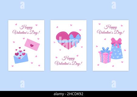 Grußkarten zum Valentinstag. Vector Kollektion von Urlaubspostkarten. Niedliches Herz mit Schleife, Umschlägen und Geschenken. Valentinstag für den Liebsten. Stock Vektor