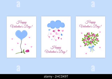 Grußkarten zum Valentinstag. Vector Kollektion von Weihnachtskarten. Herzen, Ballon mit Rose, Blumen und niedliche Wolke. Valentinstag-Set. Stock Vektor