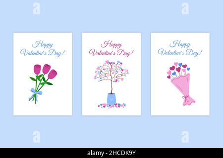 Valentinstag romantische Grußkarten. Vektor-Set von Urlaubspostkarten. Niedlichen Blumenstrauß und Liebe Baum mit Herzen. Valentinstagskollektion. Stock Vektor