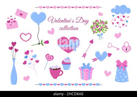 Valentinstag Elemente isoliert gesetzt. Vector Sammlung von rosa und blauen Liebe Cliparts auf weißem Hintergrund. Valentine flache Herzen, Blumen, Süßigkeiten, gi Stock Vektor