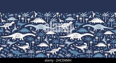 Vektor blau Dinosaurier Skizze wiederholen horizontalen Rand Muster. Perfekt für Wandbilder, Banner oder Poster. Stock Vektor