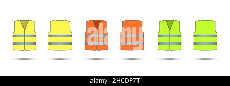 Gelbe, orange und grüne Schutzwesten mit reflektierenden Streifen isoliert auf weißem Hintergrund. Vector Work Uniform, Teeblatten für Vorder- und Rückansicht Stock Vektor