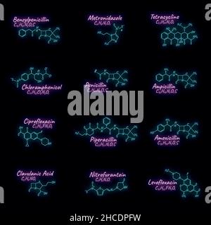 Satz von antibiotischen chemischen Formel und Zusammensetzung, Konzept strukturelle medizinische Droge, isoliert auf schwarzem Hintergrund, Neon-Stil Vektor-Illustration. Ant Stock Vektor