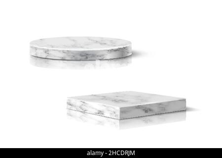 Runde und quadratische Podien aus grauem Marmor für das Produkt. 3D Sockel in Steinmuster Vektorgrafik. Geometrische Stufen isoliert auf weißem Hintergrund. Re Stock Vektor