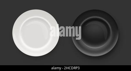 Weiße und schwarze Porzellanteller für Geschirr. Draufsicht auf zwei leeren sauberen Küchentellern Vektorgrafik. Runde realistische einfache Geschirrobjekte Stock Vektor