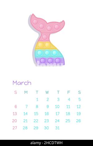 Pop it Pastell März für Kalender 2022 mit Fidget Spielzeugfiguren. Vektor-Illustration im popit-Stil als modisches Silikonspielzeug für Fidgets. Druckbar Stock Vektor