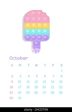 Pop it pastell Oktober für Kalender 2022 mit Fidget Spielzeugfiguren. Vektor-Illustration im popit-Stil als modisches Silikonspielzeug für Fidgets. Druckabl Stock Vektor