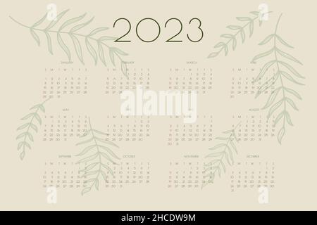 2023 Kalender mit handgezeichneten Blättern und Zweigen, Planer Organizer Vorlage in grün natural Eco Stil . Stock Vektor