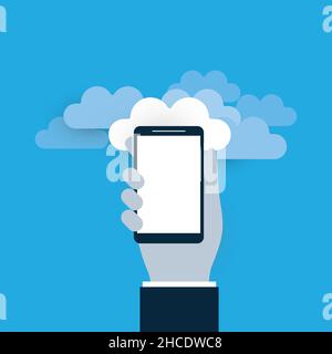 Hand Holding a Smart Phone - Design-Konzept für Cloud Computing, digitale Netzwerkverbindungen, Technologiehintergrund Stock Vektor