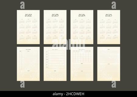 2022 2023 2024 2025 Kalender und tägliche wöchentliche persönliche Planer Tagebuch Vorlage spielerischer Spaß Stil. Die Woche beginnt am sonntag. Stock Vektor