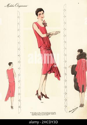 Roter Bolero-Kittel aus Satin und Samt-Chiffon mit Fuchsband. Robe Bolero und Satin. Manteau de velours Chiffon richement garni de renard. Handkolorierte Lithographie aus Beaux-Arts des Modes: Modelles originaux, Hiver 1928 (Moden der bildenden Künste: Originalmodelle, Winter 1928), Verlag Chic Parisien, Atelier Bachwitz, Paris, Band 6, Nummer VII, November 1927. Stockfoto