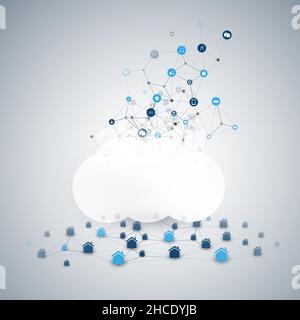 Heimbüros und Geräte, die mit der Cloud verbunden sind – Menschen arbeiten zu Hause und stellen soziale Verbindungen über das Internet her – zusätzliche Belastung für Digital Stock Vektor