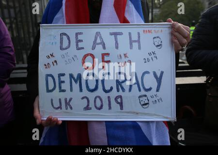 Ein Plakat zum Tod der Demokratie während einer Austrittsdemonstration in Westminster, kurz vor den Brexit-Wahlen. Stockfoto