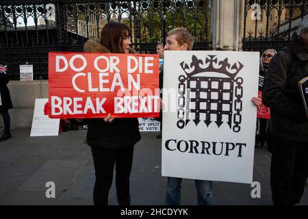 Ein Urlaub bedeutet eine Austrittsdemonstration in Westminster kurz vor den Brexit-Wahlen. Stockfoto