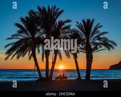 Silhouette eines Paares mit Hund am Sandstrand von Almuñecar bei Sonnenuntergang. Stockfoto