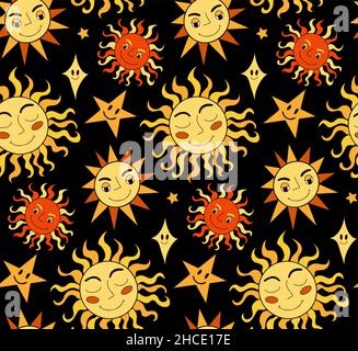 Nahtloses Muster mit Smiley-Gesicht im Retro-Look. Hippie groovige, sich wiederholende Textur. Mystische Boho Sonne Hintergrund. Vektorgrafik Stock Vektor