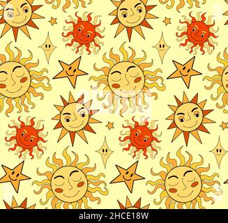 Nahtloses Muster mit Smiley-Gesicht im Retro-Look. Hippie groovige, sich wiederholende Textur. Mystische Boho Sonne Hintergrund. Vektorgrafik Stock Vektor